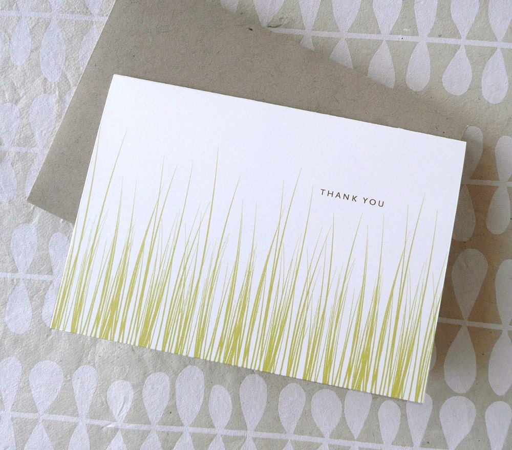 Fresh Cut Grass thank you notes cards personalized stationery, natural, kraft paper, green, SET OF 10