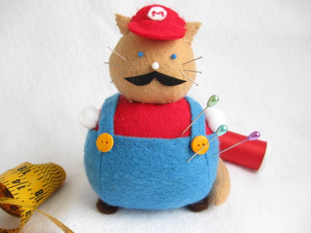 Super Mario Brothers Mario Inspired Cat Pincushion cute felt kitty cat collectable or gift for animal lover...MADE-TO-ORDER - FatCatCrafts