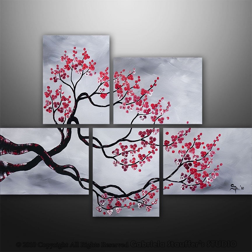CUSTOM PAINTING Abstract Modern Landscape Tree Asian Zen Art by Gabriela 44x32 black white red