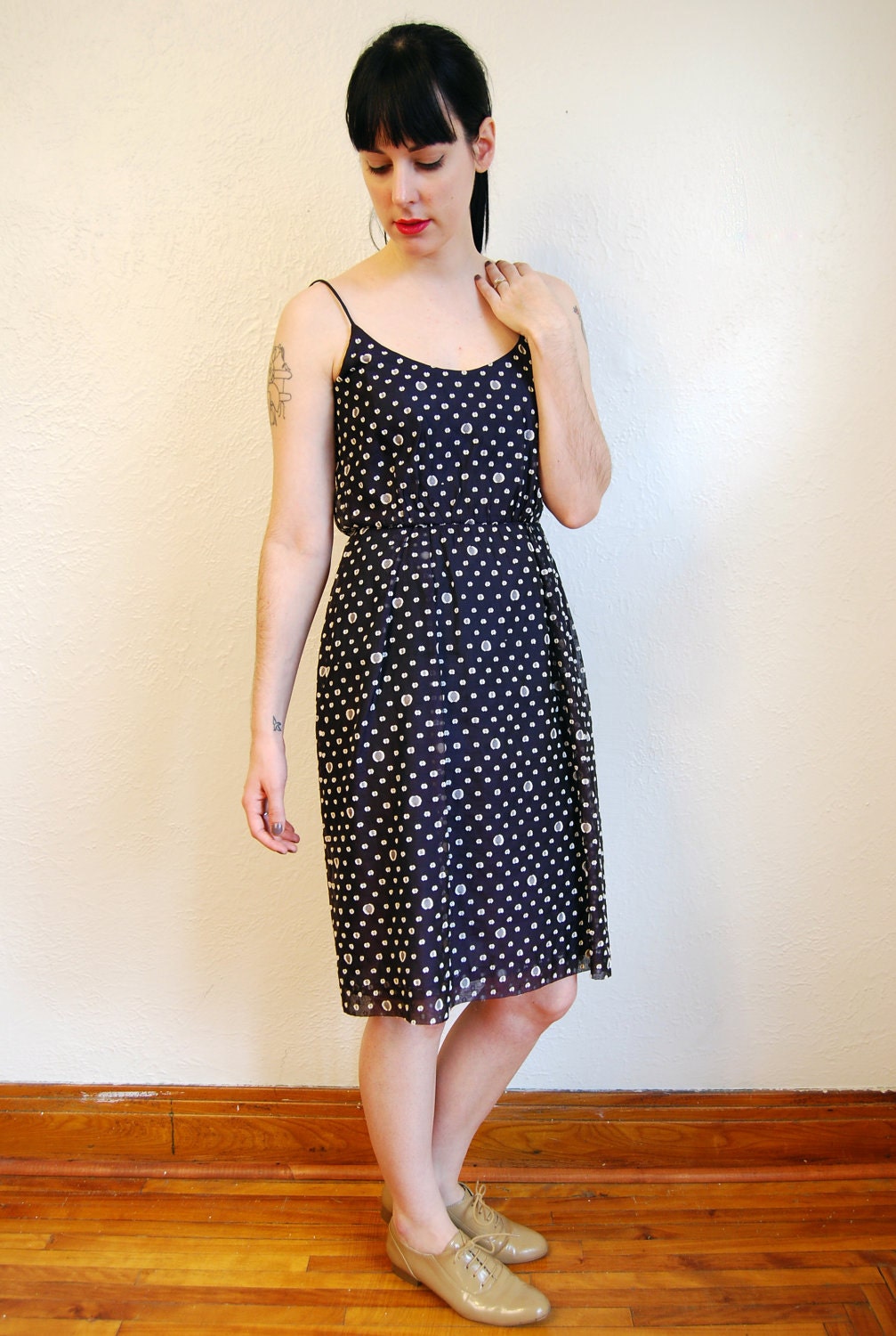 vintage 1960s / navy and white / polka dot dress / sheer chiffon / S-M