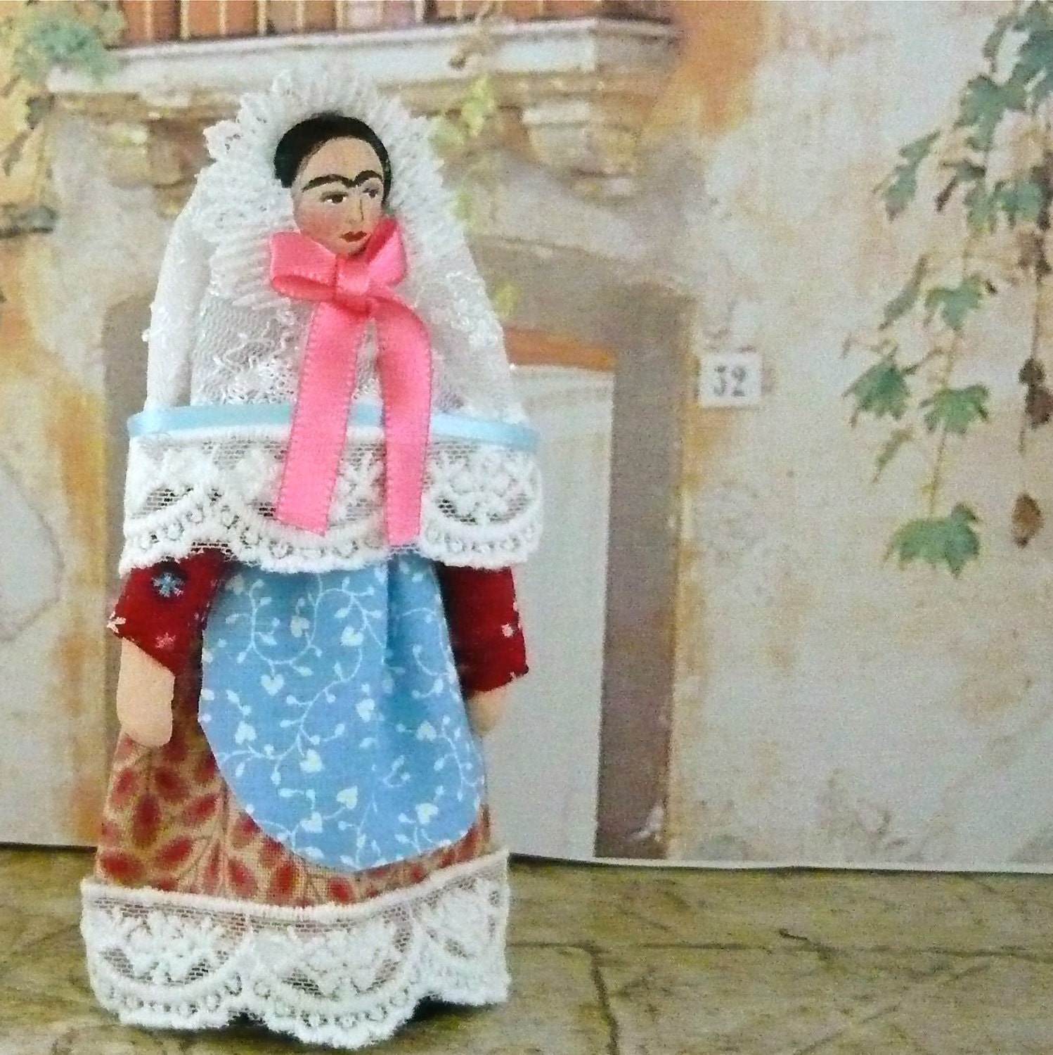 Frida Kahlo Doll Miniature Art In Lace Veil