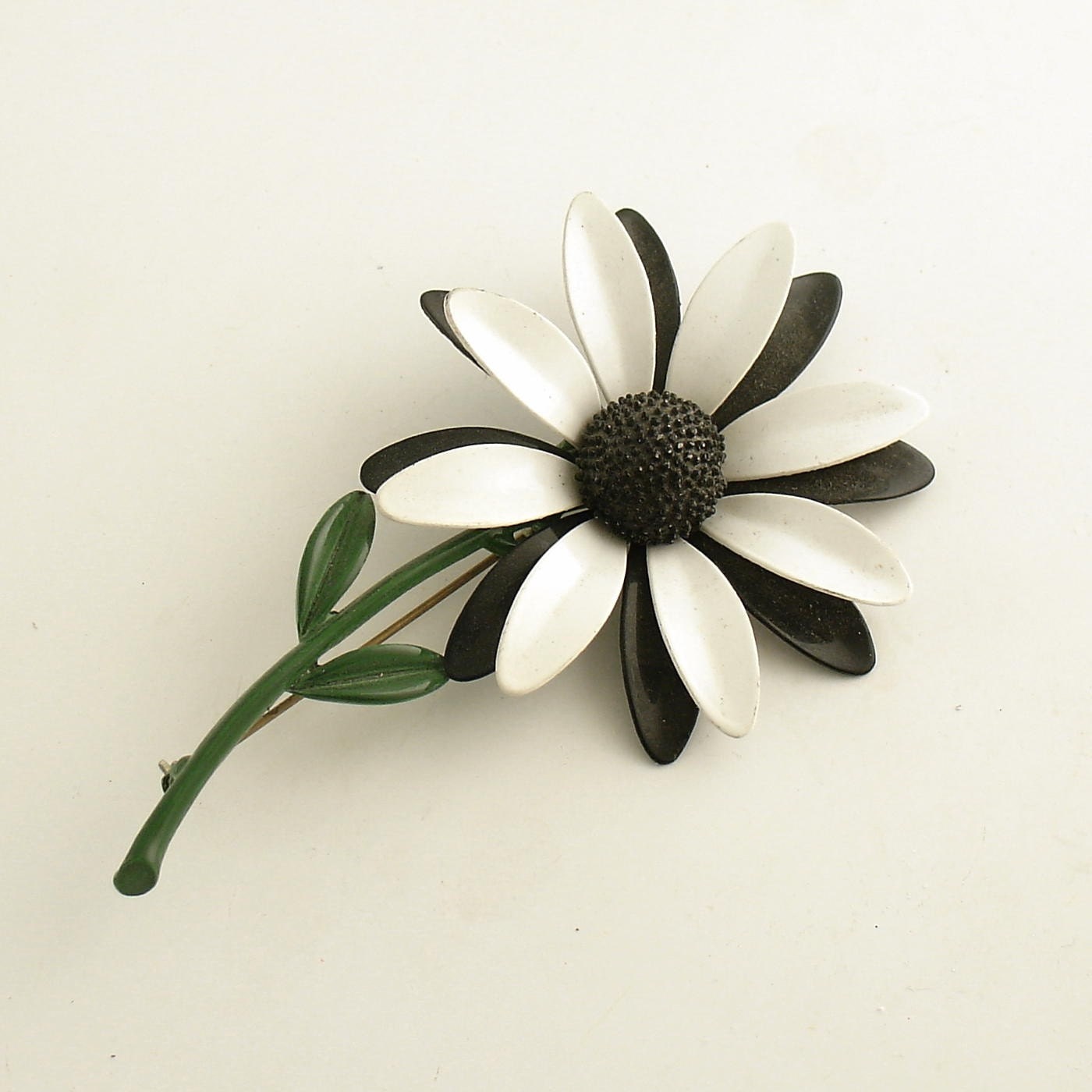 Vintage Black and White Flower Brooch Pin