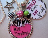 Teacher Gift PERSONALIZED Name WILD about Grade Silver Pendant Necklace - Valentine gift, Zebra, Kindergarten, Teacher Appreciation, Cheetah