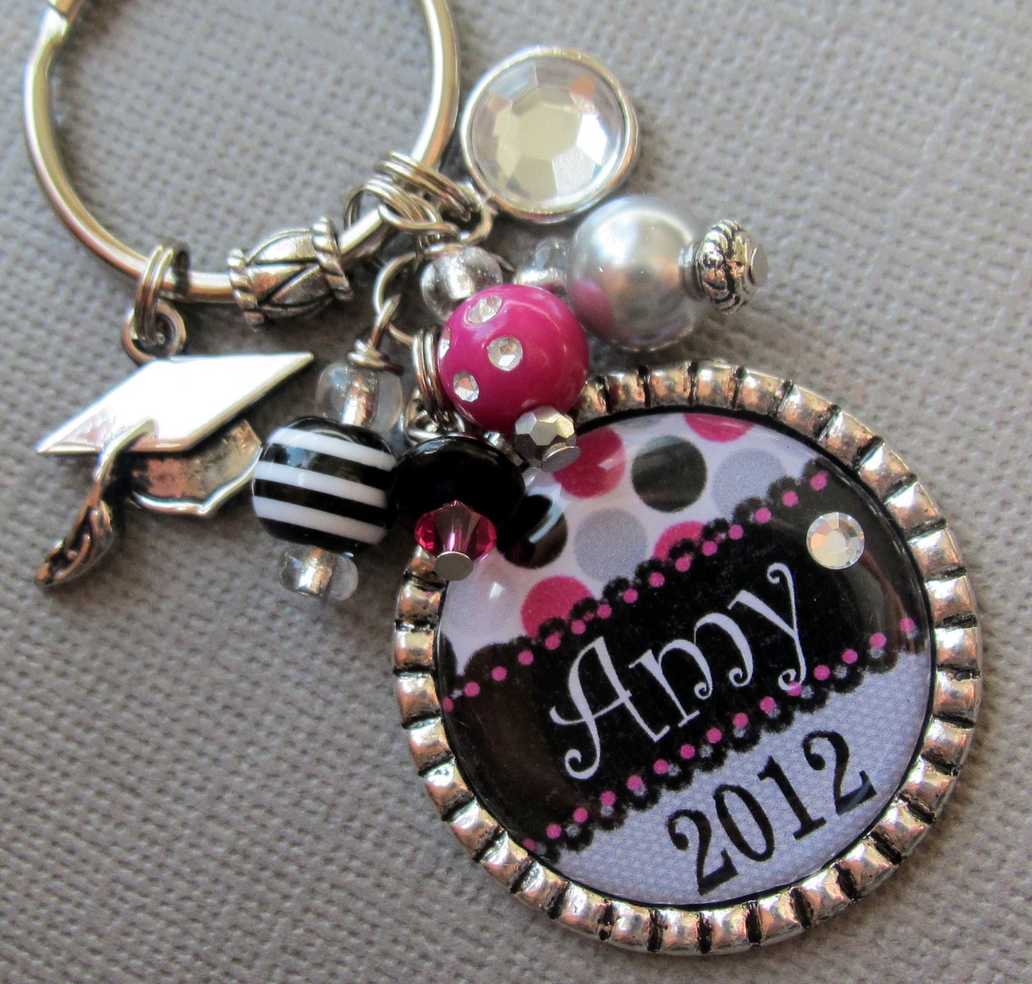 Graduation Gift PERSONALIZED Name, Year Silver Pendant Keychain  - Class of 2013, Graduate, Cap Charm, 2013 charm, Follow Your Heart