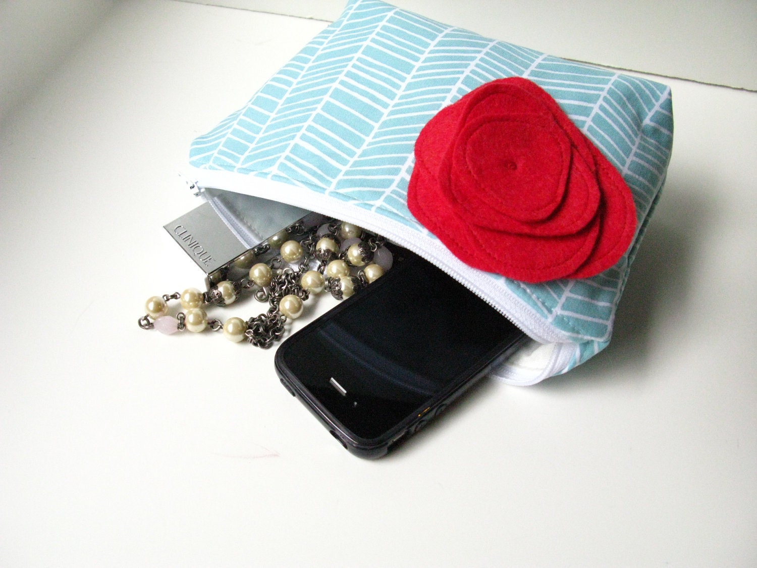 Large Cosmetic Bag and Flower Brooch Pin - Red and Aqua Herringbone Chevron, Zipper Pouch Make Up Bag