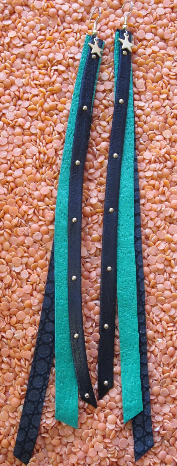 Leather Streamer Earrings Black Stud and Green