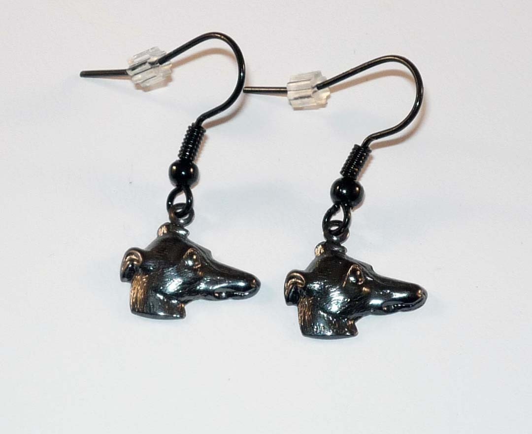 Hematite Greyhound Dog Head Charm Earrings Whippet