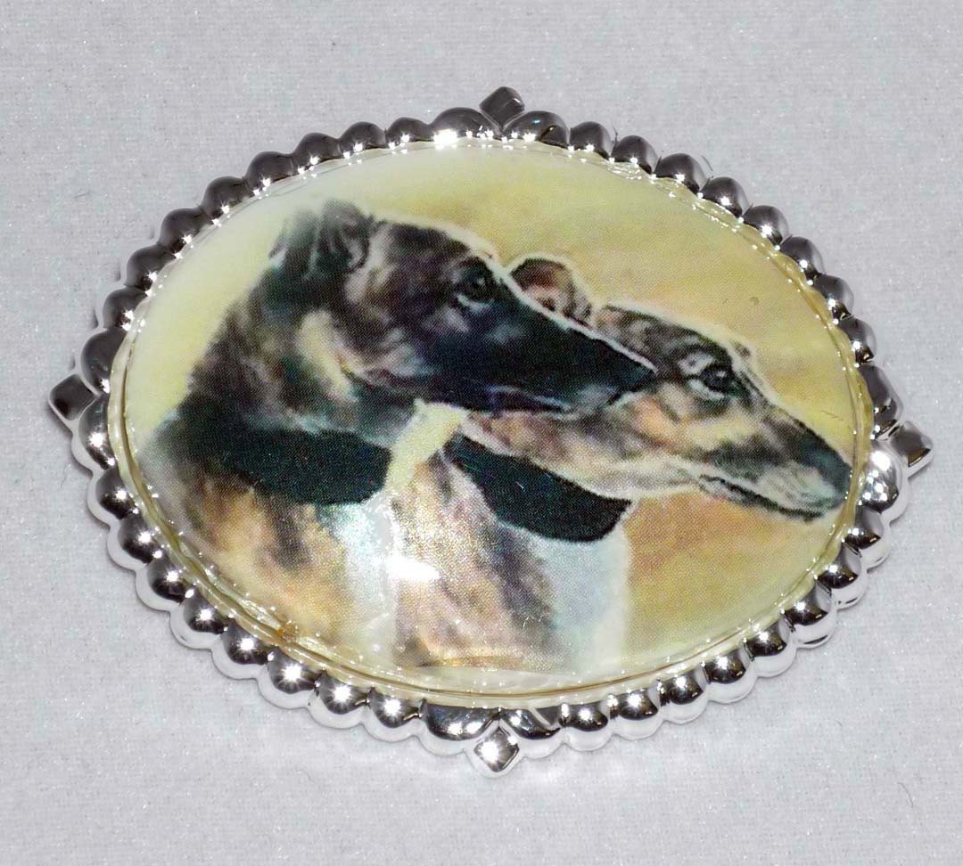 Likely Lads Altered Vintage Art Brooch Pin Greyhound Dogs