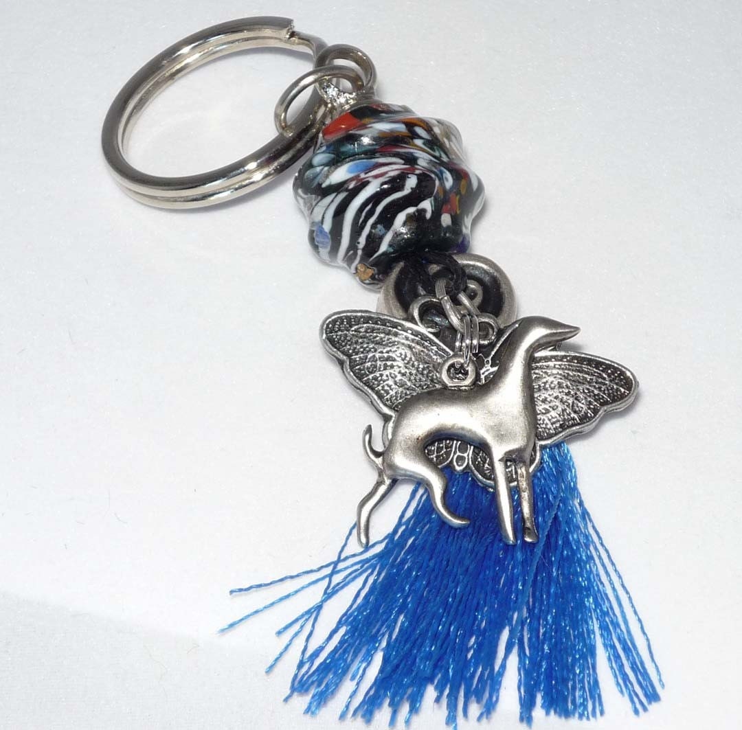 Pewter Greyhound Dog Key Ring with Handmade Ceramic Bead