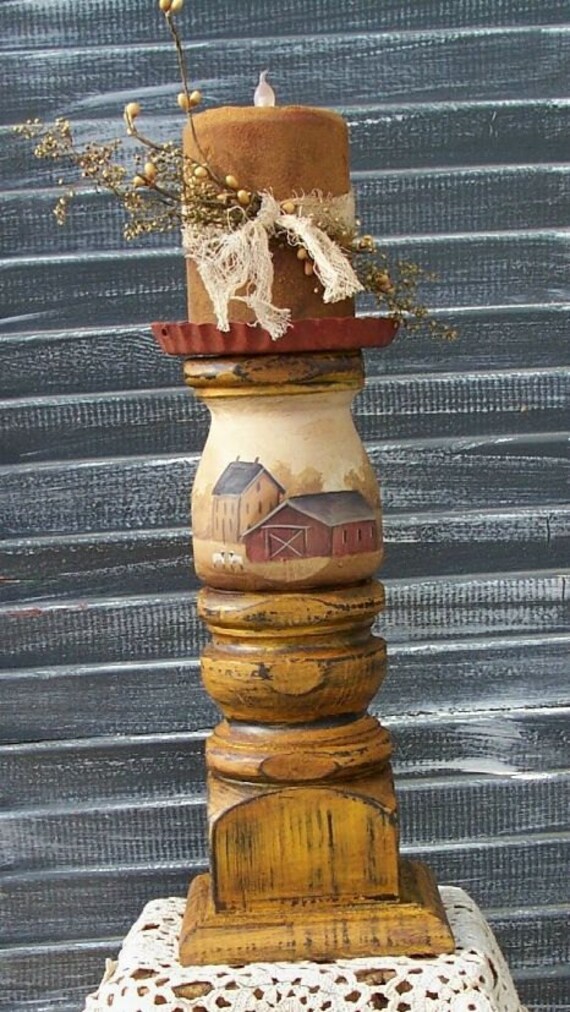 Lg Candle Holder Primiitve Folk Art  Saltbox Farm Home Decor PAFA OFG