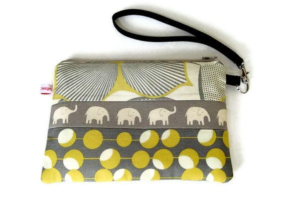Kindle Cover, Zippered, Padded eReader Case Wristlet , Clutch Purse Amy Butler and Elephants Handmade in USA