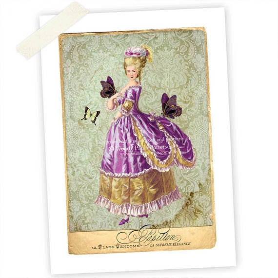 Marie Antoinette Art Print,  Giclee, Butterfly, Bustle, Damask Wallpaper, Purple, French, Vintage Fashion, Olive Green