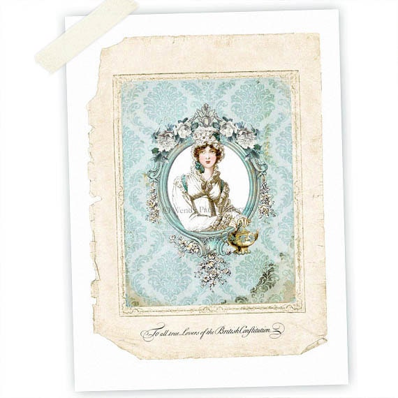 Jane Austen, Art print, Collage, Tea, Regency, Teapot, Blue Damask, Vintage wallpaper, Blue, Giclee