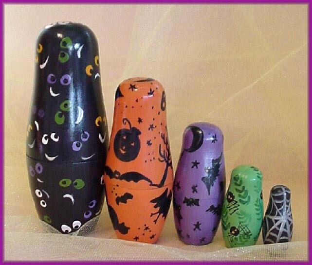 Wooden Nesting Dolls HAUNTED FLIGHT Spooky characters -Hand painted 5pcs