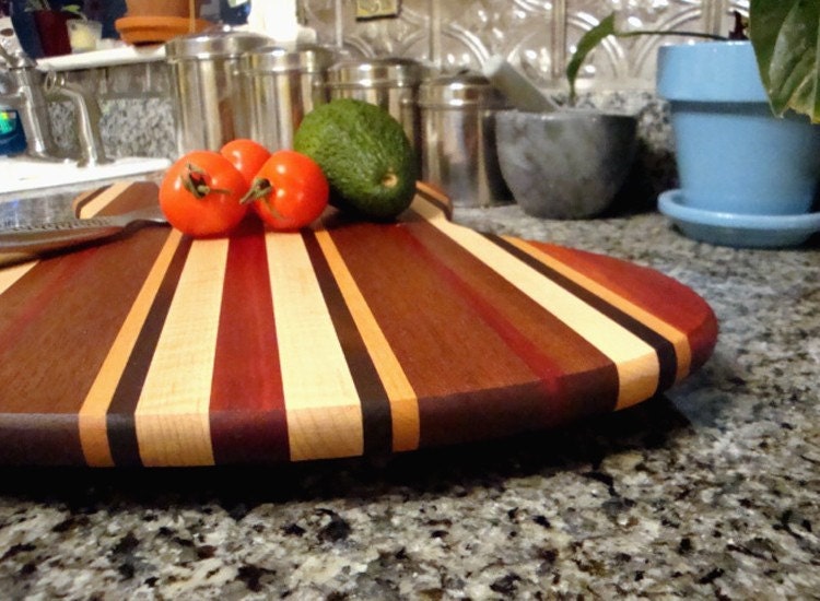 Handmade Wood Jazzy Bass Guitar Cutting Board - Cherry, Bloodwood,  & Curly Maple