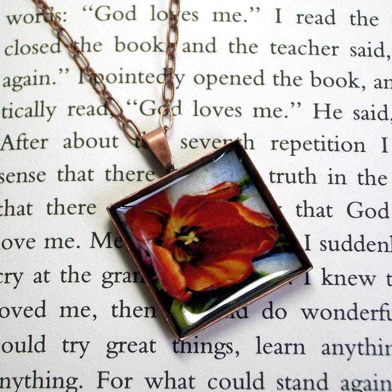 Red Tulip Art Pendant  - Resin - Antique Copper - AlisaPaints