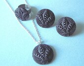 OOAK 4 piece set- necklace, earrings, ring & hair barette - black Victorian style buttons