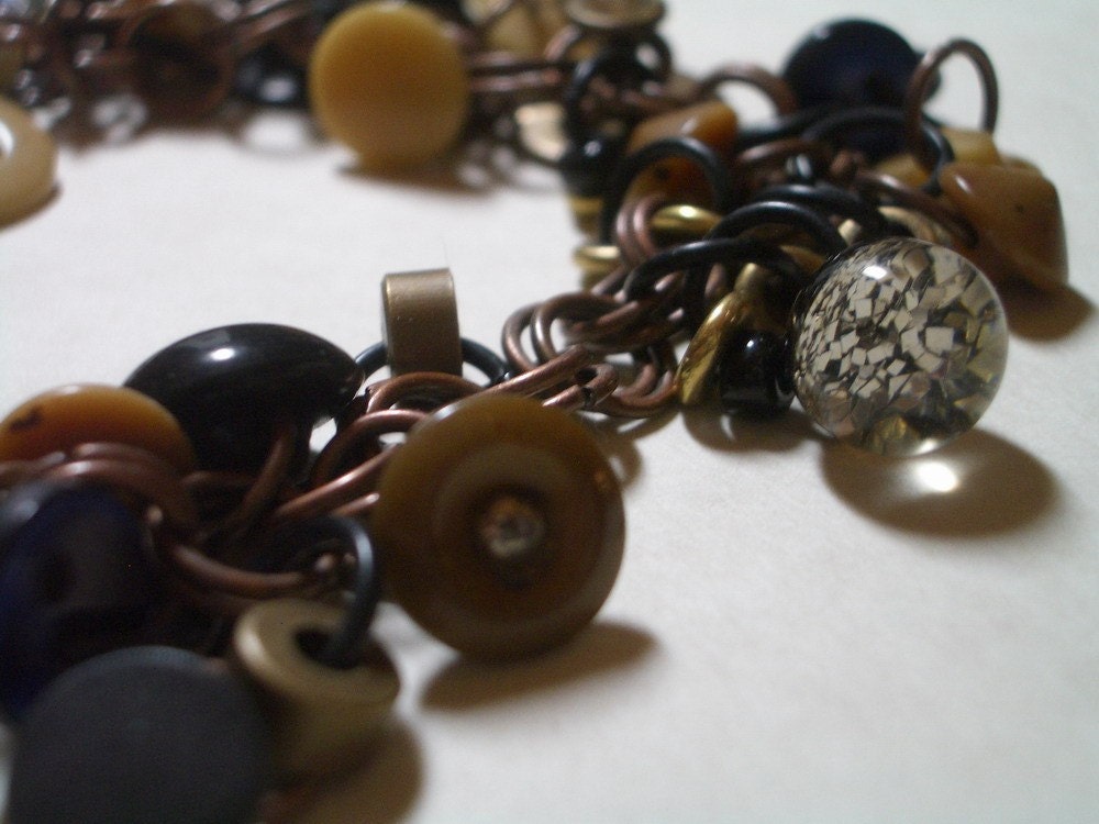 Charm Bracelet  -  Vintage Buttons - Vegetable Ivory and Copper