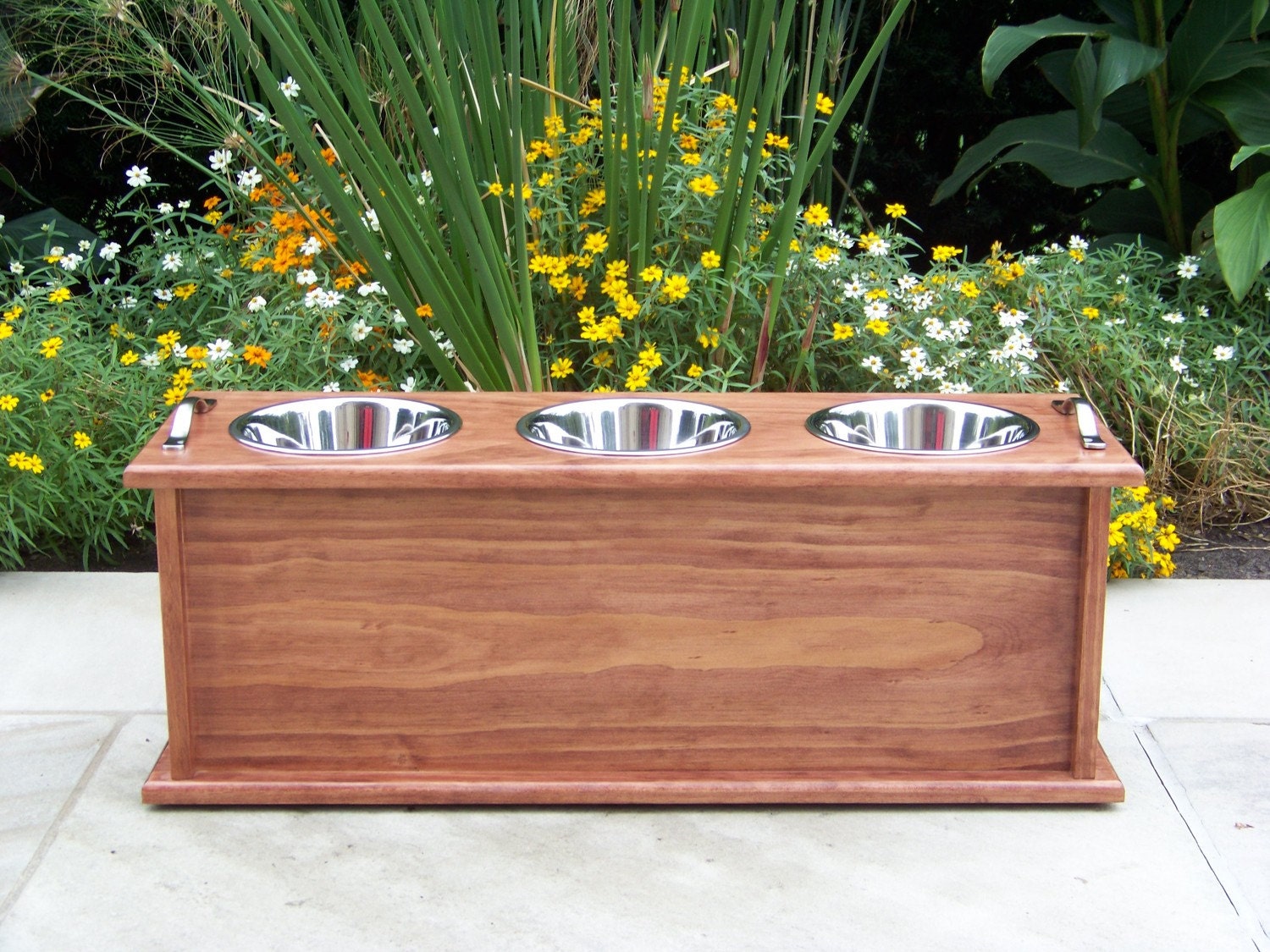 Custom Finished 12" Tall Storage 3-Bowl Dog Feeder with 2-Quart Bowls