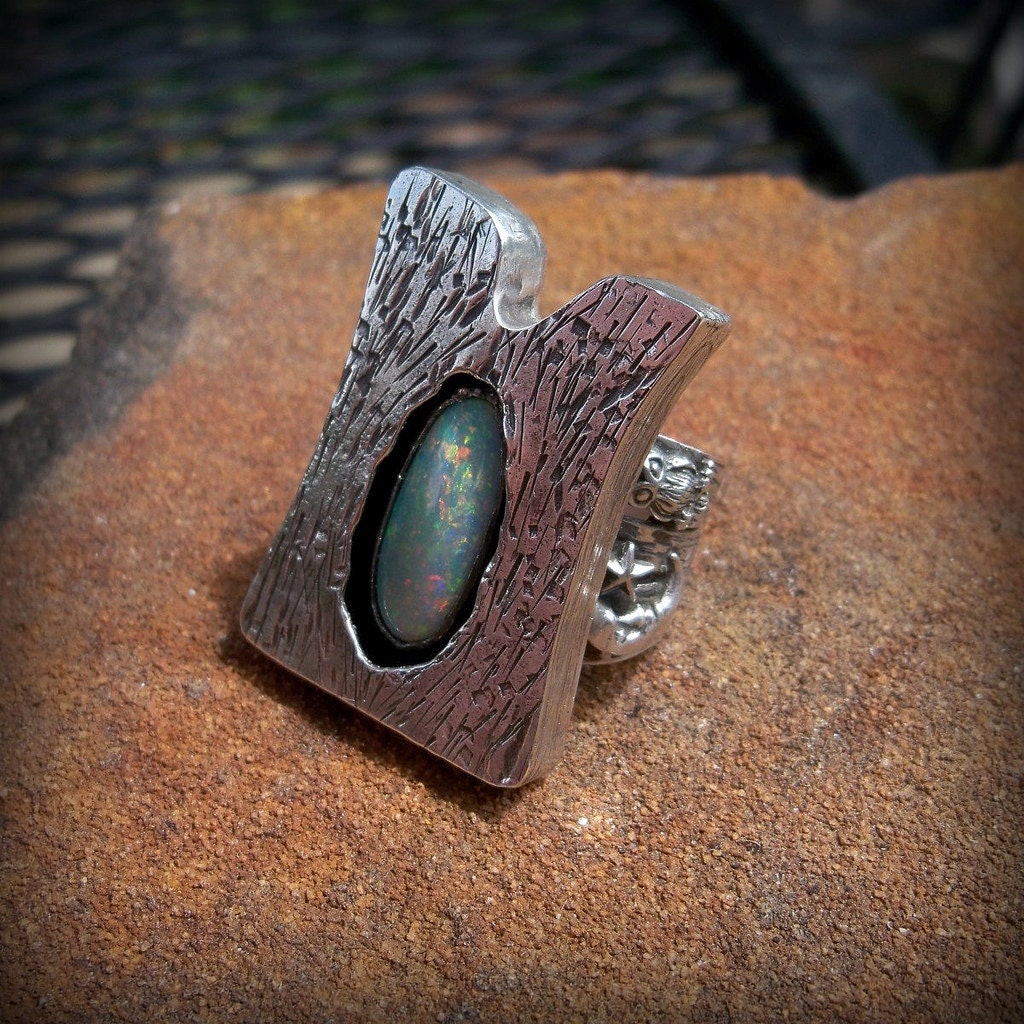 The Dagda Oak moon Summer harvest festival natural solid Coober Pedy opal set in handcrafted sterling tree mount