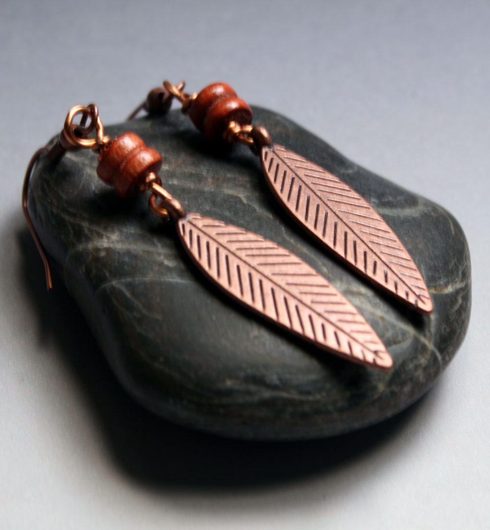 Tribal Jewelry : Copper Feather earrings with wood