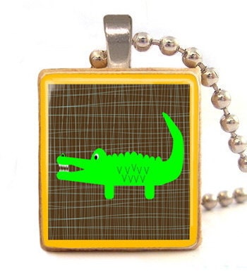 Green CROCODILE Scrabble tile  pendant , alligator charms with ball chain necklace included