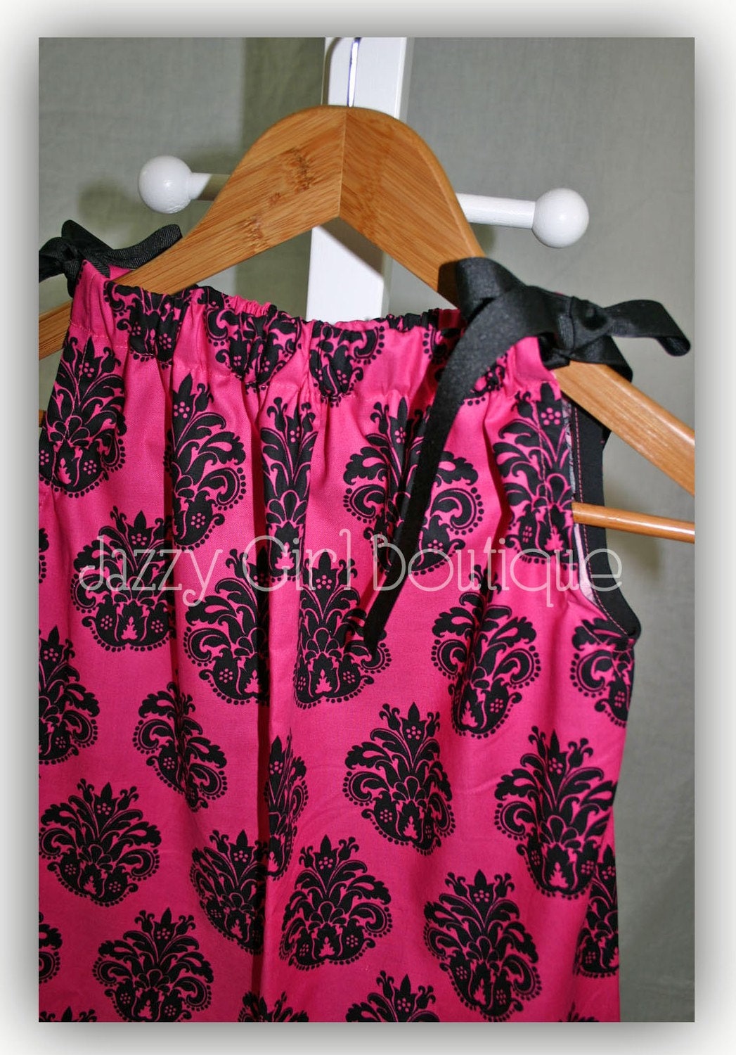 Girls Pillowcase Dress Pink with Black Medallions and Matching Black Ribbons Sz 6mo - 5T Sz 6, 7, 8 Available for an Additional Charge