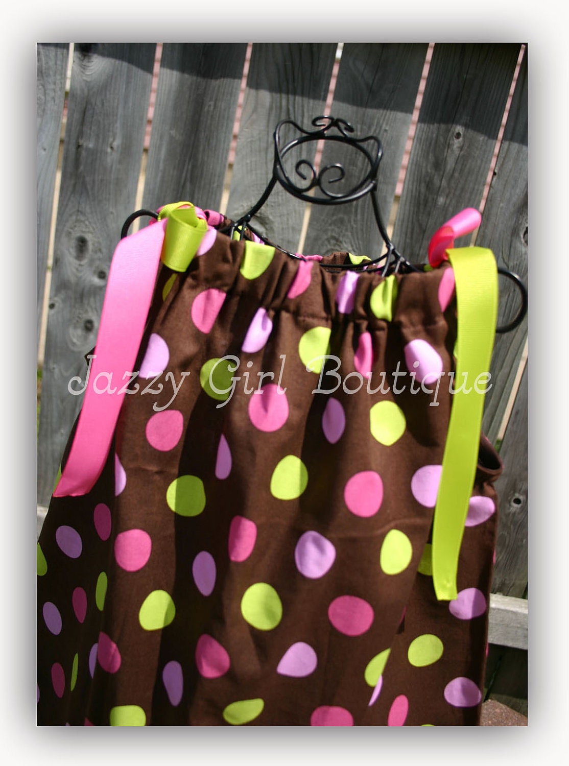 Girls Pillowcase Dress in The Hot Pink and Lime Polka Dots on Chocolate Fabric sz 6mo 12mo 18mo 2 3 4 5T