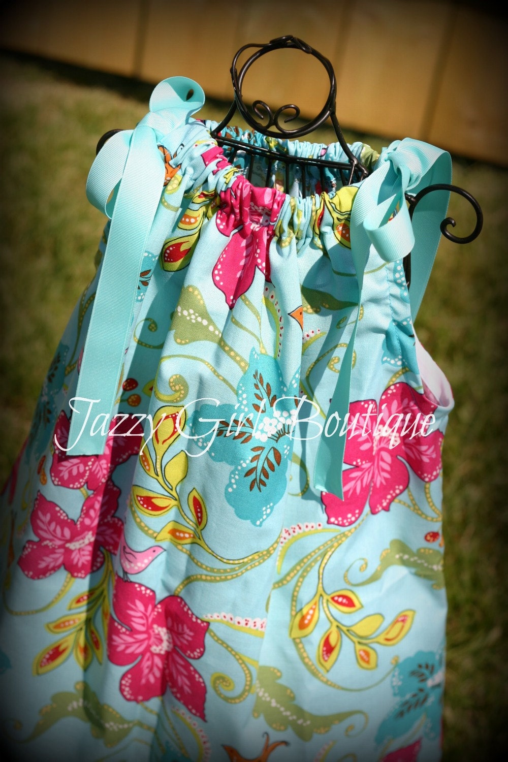 Girls Boutique Dress Pillowcase Style in Songbird Jewel Fabric with Blue Ribbon Ties