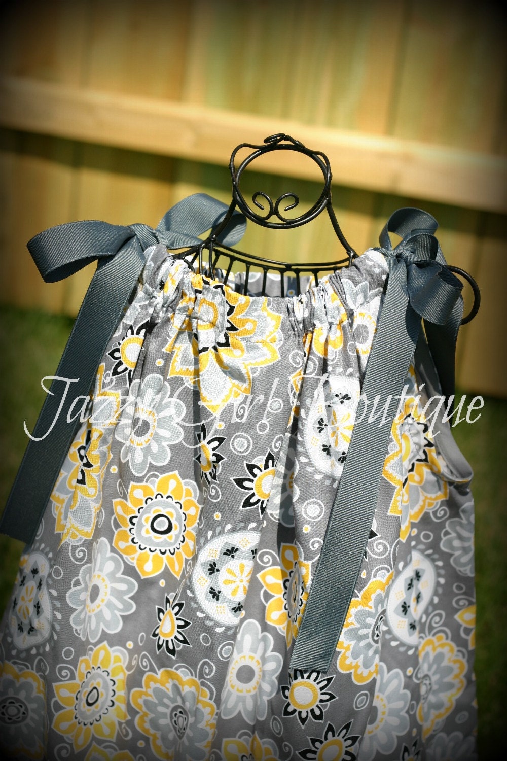Girls Boutique Dress Pillowcase Style in Suzani Floral Fabric with Grey Ribbon Ties Sizes 6, 7 and 8 just 3 Dollars More