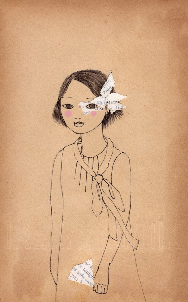 Girl with a Paper FanDeluxe Edition Print of original drawing