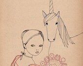 Looking Back Unicorn SMALL print of original drawing