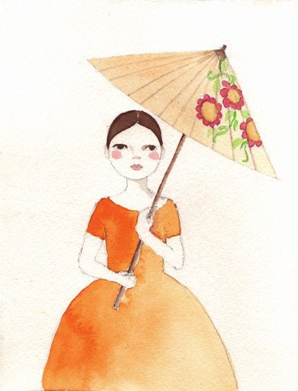 Girl in Orange Dress print of original watercolor