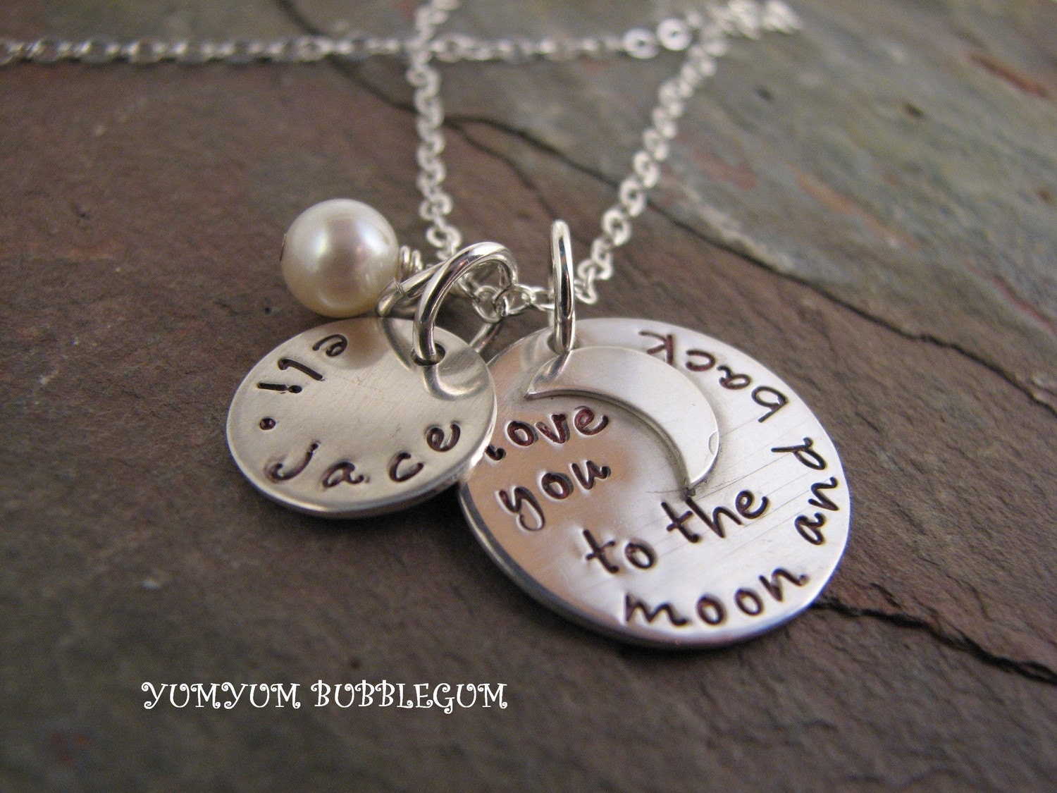 I Love You To The Moon And Back Double Disc Sterling Silver Charm Necklace With Birthstone Or Pearl
