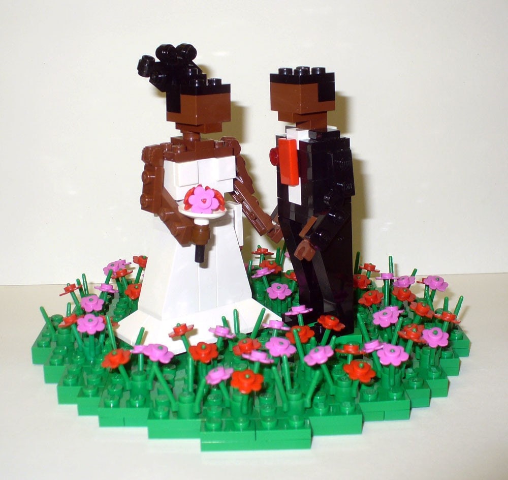 Custom LEGO Wedding Cake Topper Bride and Groom in Flower Patch