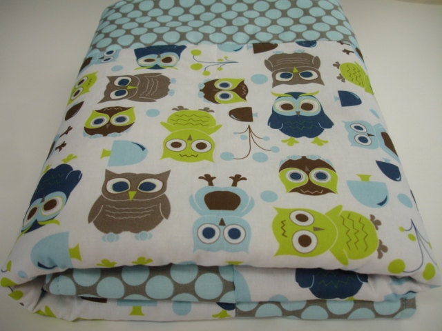 Modern Owls in Full Moon Polka Slate Baby Blanket with Minky 27 x 28 MADE TO ORDER