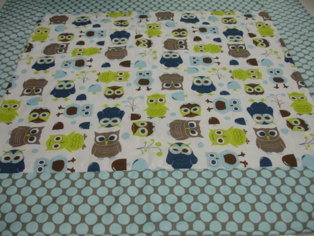 Modern Owls in Full Moon Polka Slate Baby Blanket with Minky 27 x 28 MADE TO ORDER