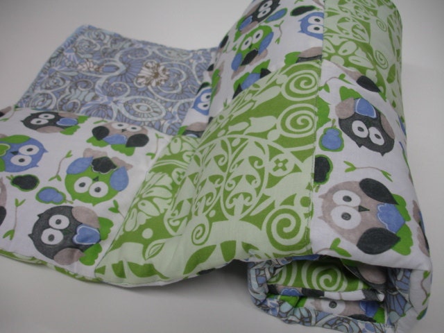 Short Legged Owls in Basil and Cornflower Baby Blanket with Minky 32 x 32 MADE TO ORDER