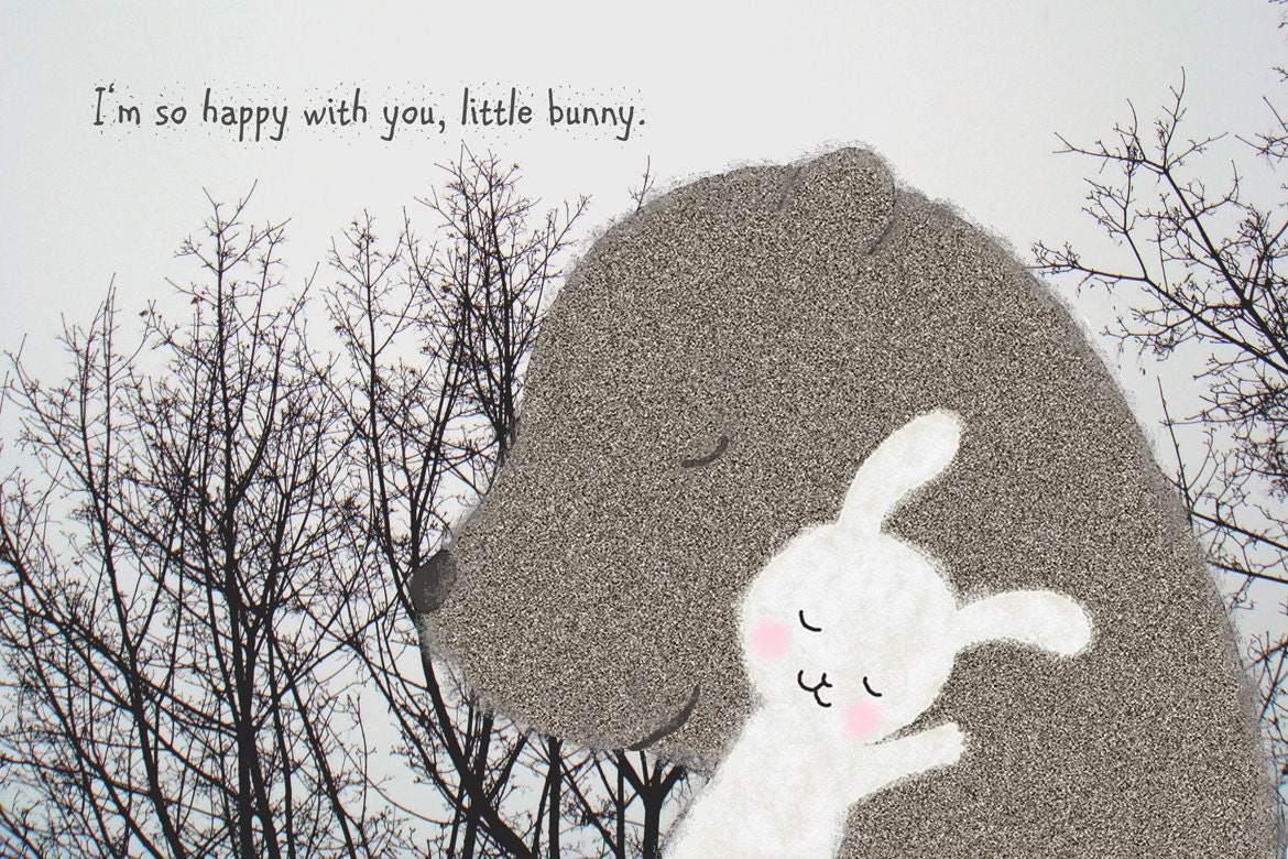 Original Illustration Print Bear Bunny Rabbit Woodland Natural Tree Art Love Wall Decor