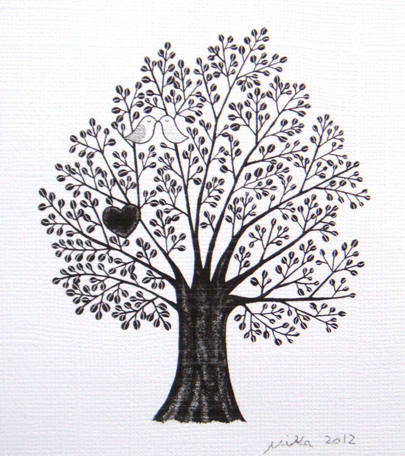 Tree of Love Bird Heart Print of Original Ink Drawing illustration Woodland Wedding 4x6