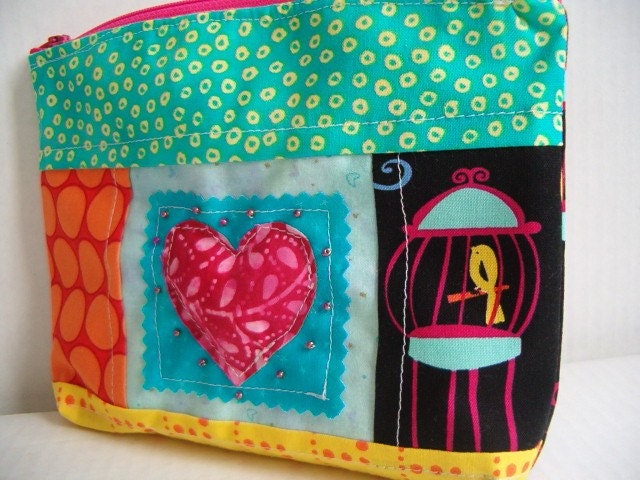 Art Quilt Zipper Coin Purse -  The colorful Caged Bird is Singing