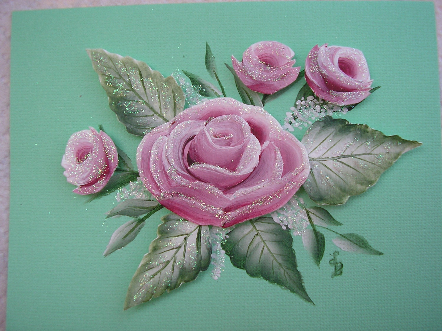 Painted Roses Card Hand Painted and Glittered Dimensional Card