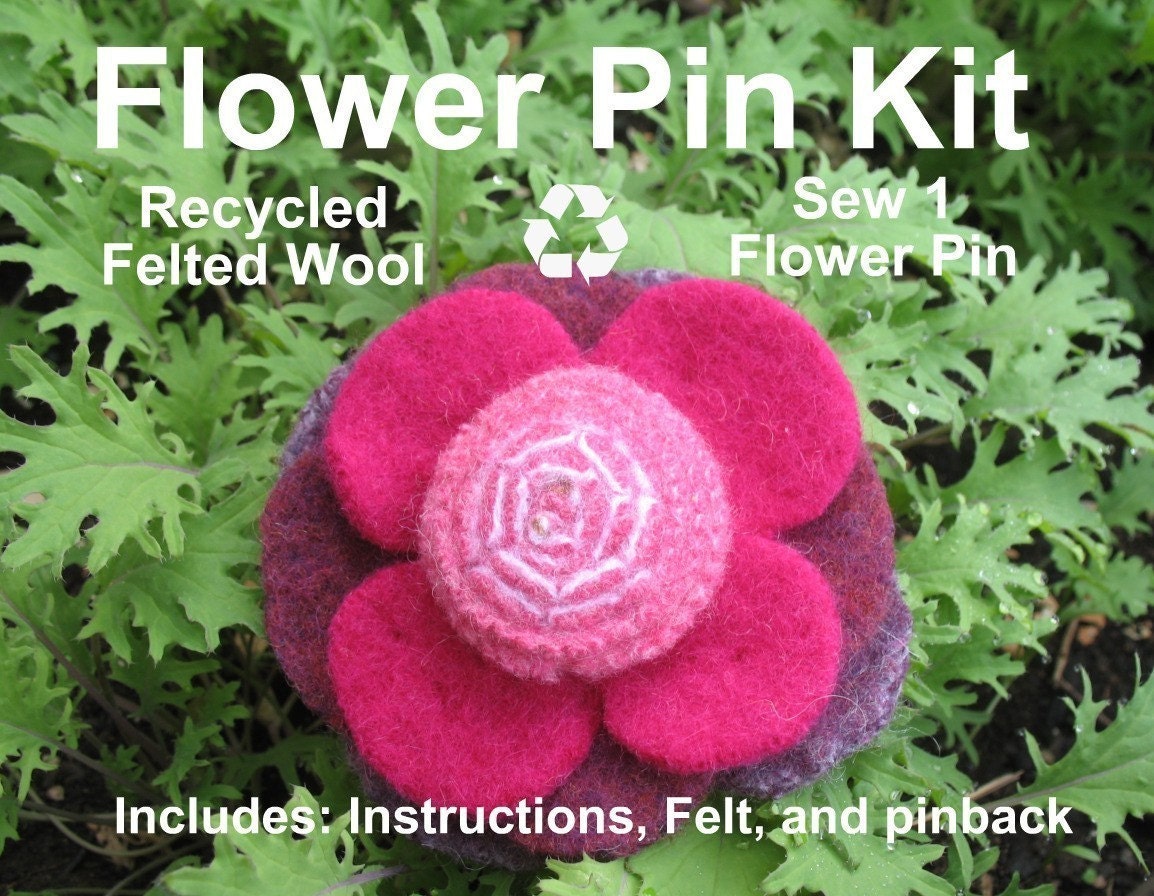 Flower Pin Kit - Upcycled Felted Wool - Sew 1 flower