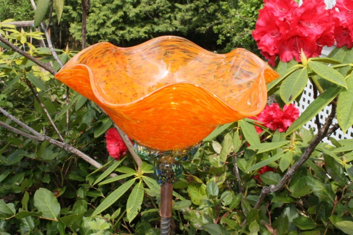 Mandarin Orange Hand Blown Glass Flower Garden Art Sculpture Outdoor Decoration Garden Finial