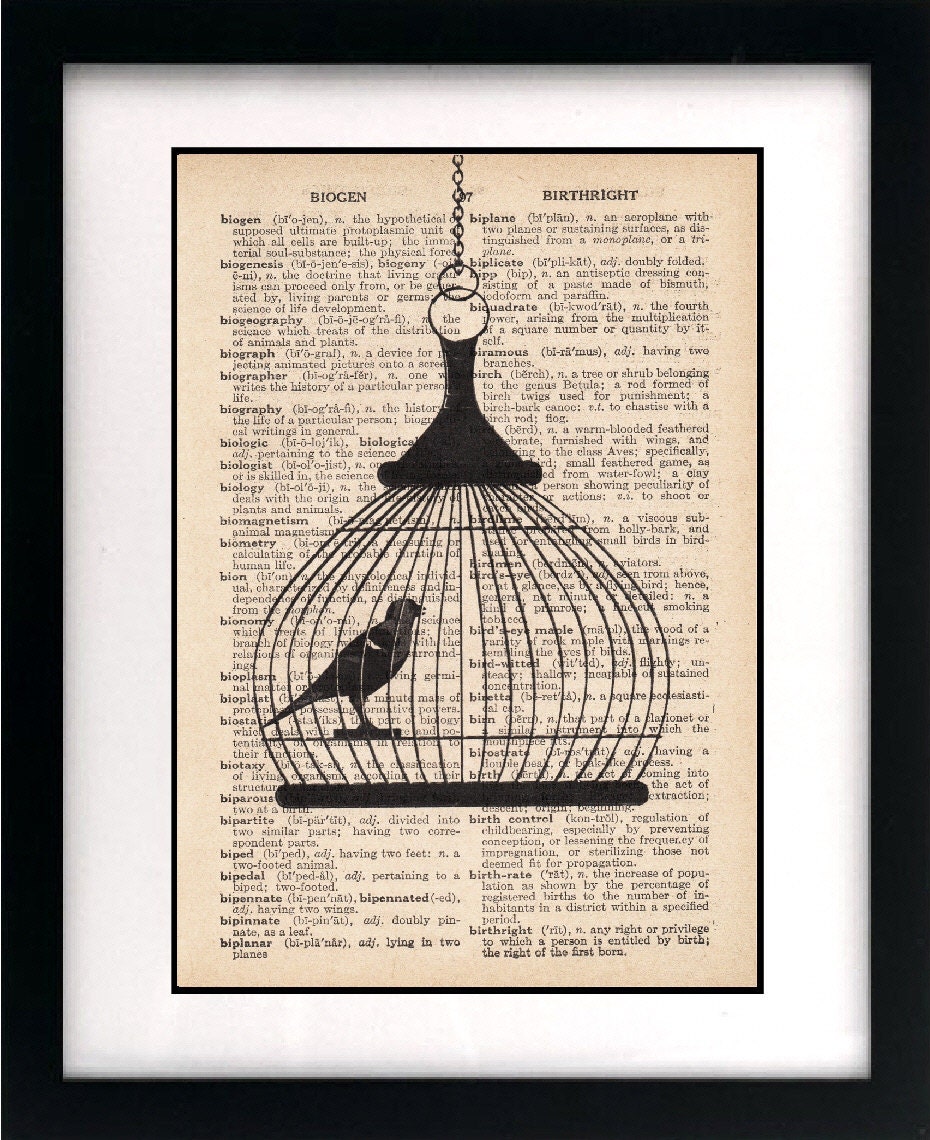 birdcage print - birdcage art print - vintage dictionary print - vintage dictionary page print - vintage book page print - 8x10