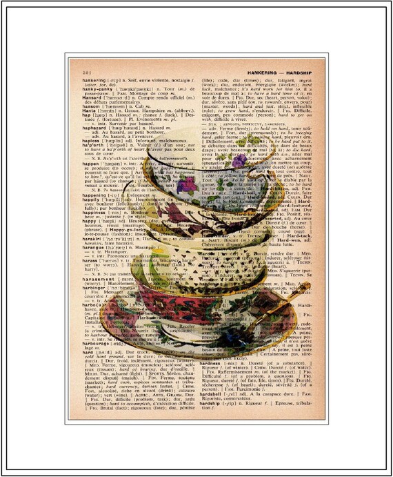 vintage     teacups  stack vintage print teacup dictionary page book art  teacup print book