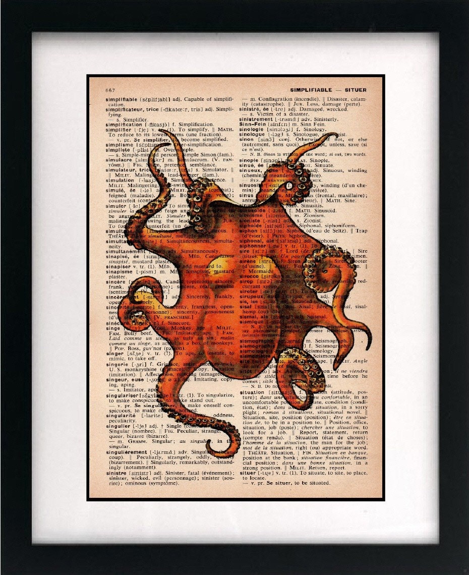 octopus print - octopus art print - vintage dictionary print - vintage dictionary page print - vintage book page print - 8x10