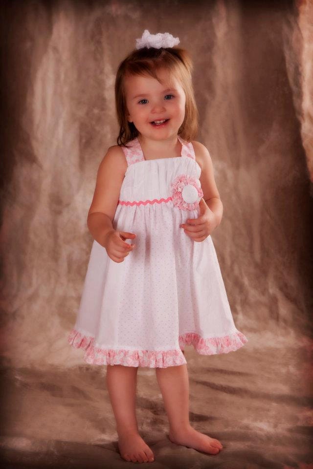 The Back Knot Dress -- Girls size - 5 - 6 - 7 -8 -9     Easter / Spring  white and pink swiss dot /eyelit /damask