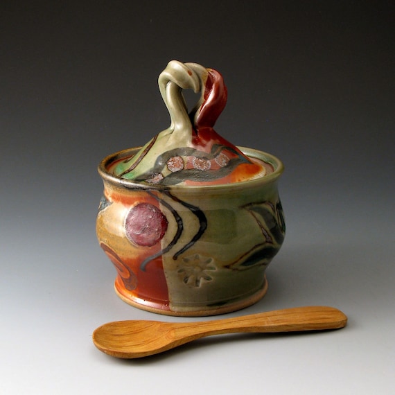 Sugar Bowl - Celadon and Shino - Ceramic Covered Lidded Jar
