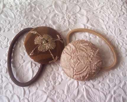 2 fabric covered button ponytail holder - gold/brown